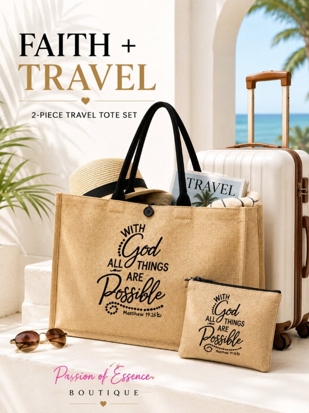 Faith & Travel “All Things Are Possible” Burlap Tote Bag +Matching Pouch – Khaki